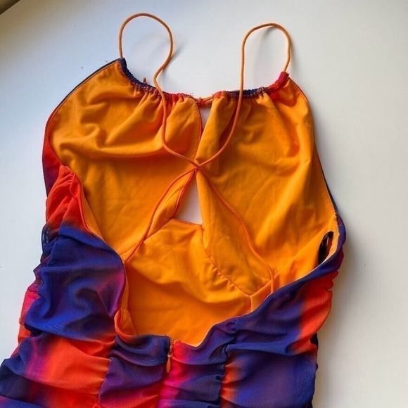 H:ours Revolve Bodysuit Lace Up Orange Blue Tie Dye Mesh Strappy Thong Top Small - Picture 9 of 13